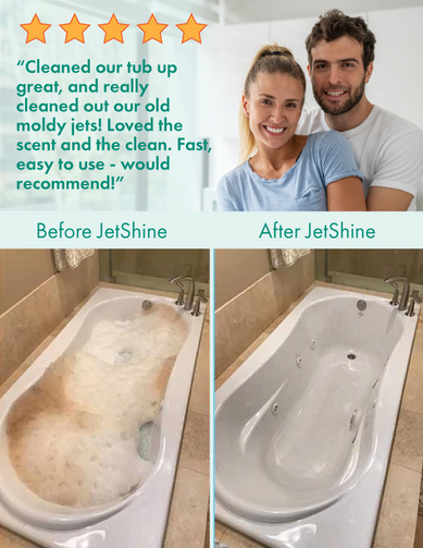 Couple sharing comment about JetShine Jetted Tub Cleaner before and after photo with dirty bubbles before and clean bathtub after.